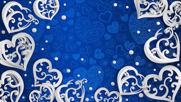 Fundo com corações de volume de papel com cachos e confetes brancos em azul