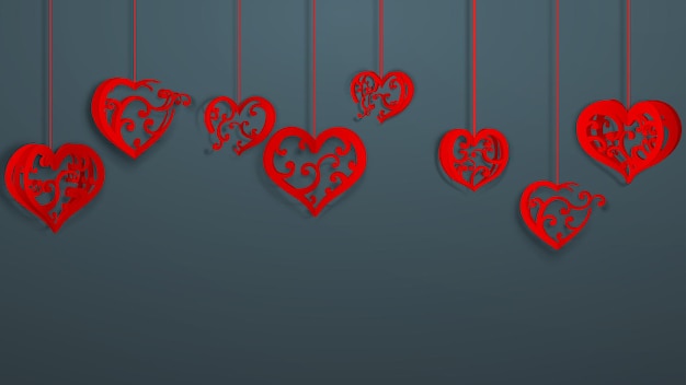Fundo com corações pendurados de volume de papel com cachos, vermelho sobre cinza