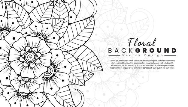 Fundo com flores mehndi linhas pretas sobre fundo branco modelo de banner ou cartão