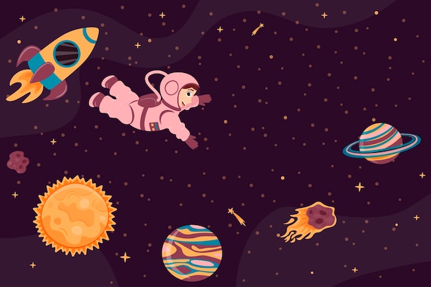 Vetor fundo com lindo planeta foguete astronauta e meteorito em estilo cartoon