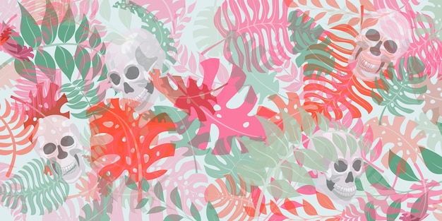 Fundo com plantas exóticas da selva e crânios humanos Folhas de palmeira tropicais e flores Ilustração para feriado mexicano Dia dos Mortos Dia de los Muertos multicolorido em branco