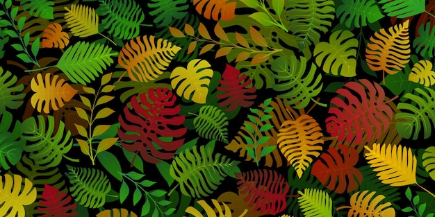 Fundo com plantas exóticas da selva. folhas de palmeira tropical. ilustração da floresta tropical, multicolorida em preto.