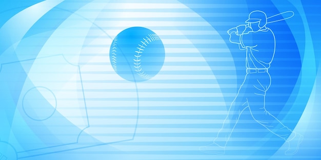 Vetor fundo com tema de beisebol em tons azuis com linhas abstratas e curvas com silhuetas de uma bola de campo de beisbol e batedor