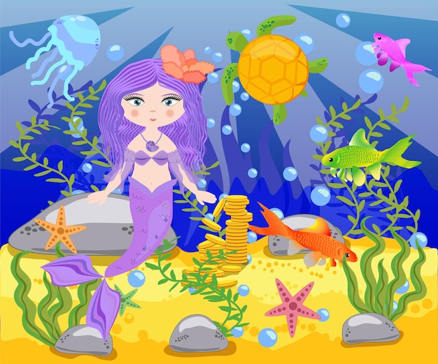 Fundo com um mundo subaquático em estilo infantil Uma sereia está sentada em uma rocha Baú de madeira com ouro no fundo do mar Fundo do mar em estilo cartoon