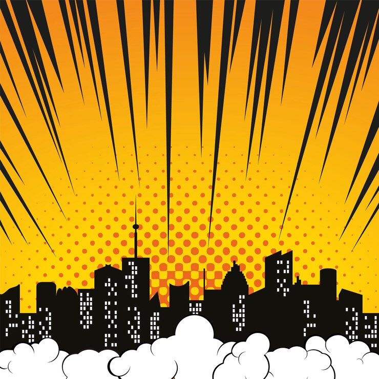 Vetor fundo cômico com nuvem de skyline de silhueta de cidade e raios de explosão vetor ilustração de arte pop