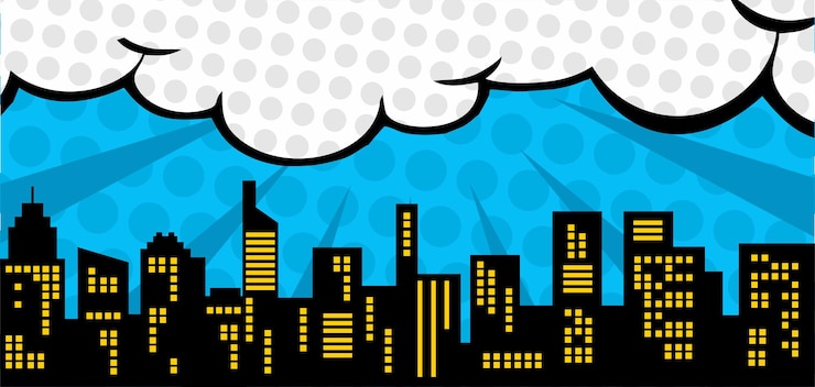 Vetor fundo cômico com silhueta da cidade e nuvem