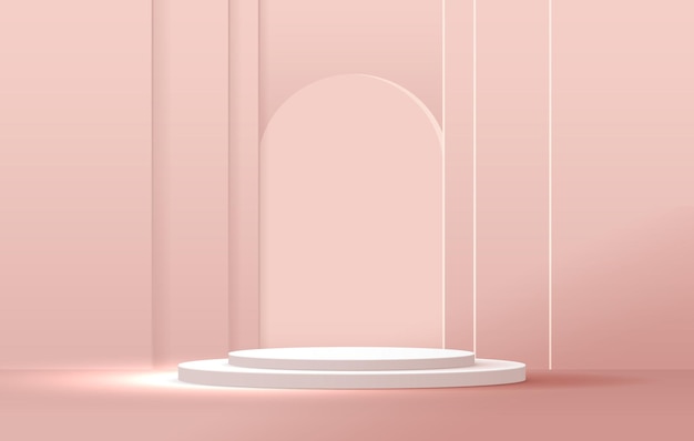 Fundo cosmético em rosa pastel e display premium no pódio.