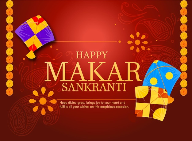 Fundo criativo feliz Makar Sankranti Festival decorado com pipas, corda para o festival Índia