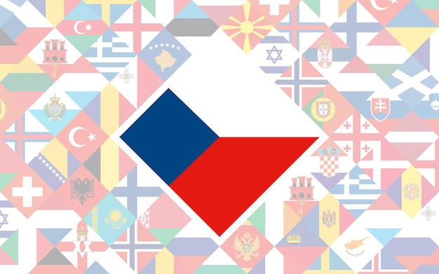 Fundo da bandeira dos países europeus com a grande bandeira da República Checa no centro para as competições de futebol.