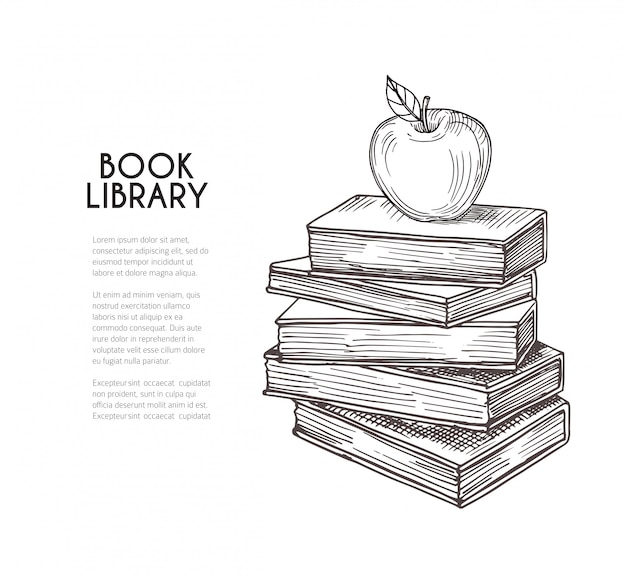 Fundo da biblioteca. mão desenhando livros retrô e apple. conceito de vetor de educação escolar, leitura e conhecimento