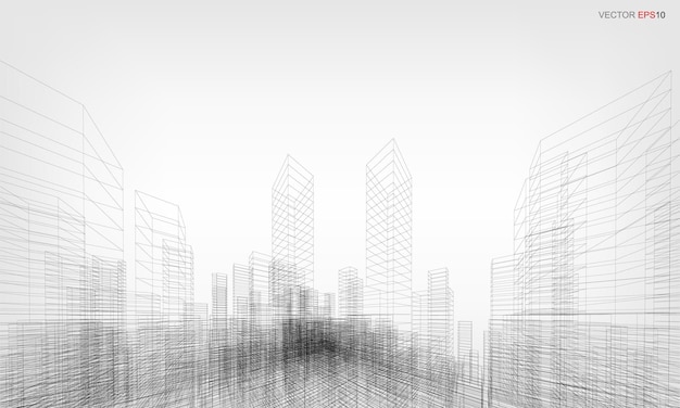 Fundo da cidade de wireframe. perspectiva 3d render do edifício wireframe. ilustração vetorial.