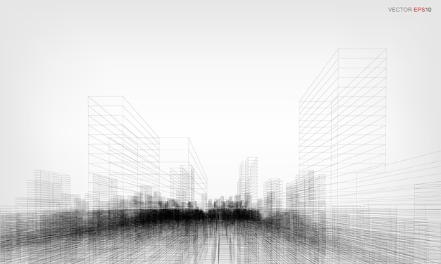 Fundo da cidade de wireframe. perspectiva 3d render do edifício wireframe. ilustração vetorial.