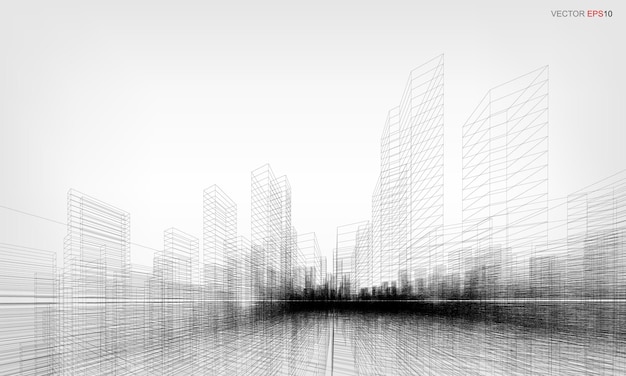 Fundo da cidade de wireframe. perspectiva 3d render do edifício wireframe. ilustração vetorial.