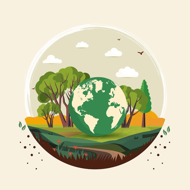 Vetor fundo da paisagem da natureza da forma circular e ilustração do globo da terra