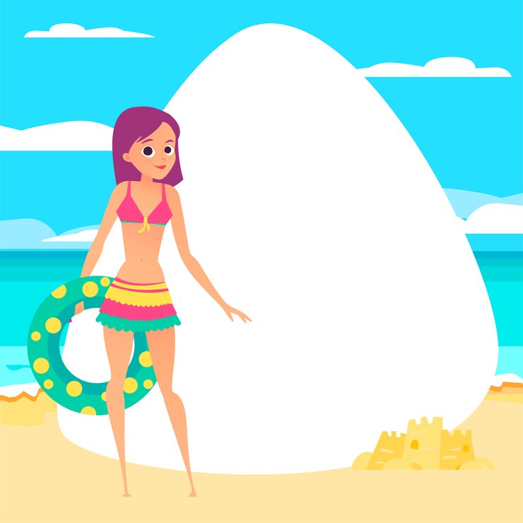Vetor fundo da praia. conceito de verão com elementos dos desenhos animados