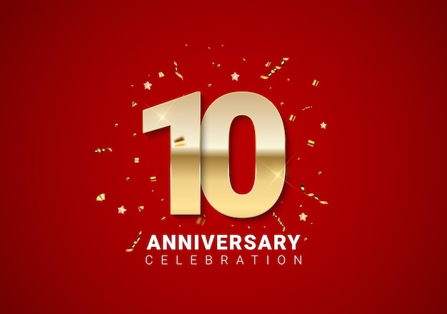Fundo de 10 aniversário com números dourados, confetes, estrelas em fundo vermelho brilhante nas férias. Ilustração vetorial EPS10