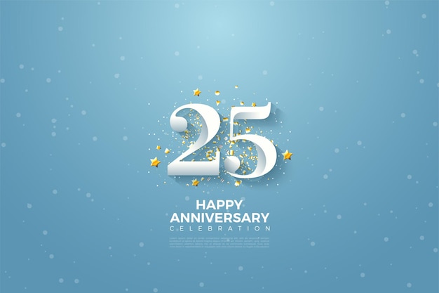 Fundo de 25º aniversário com ilustração de número 3d em um céu azul.