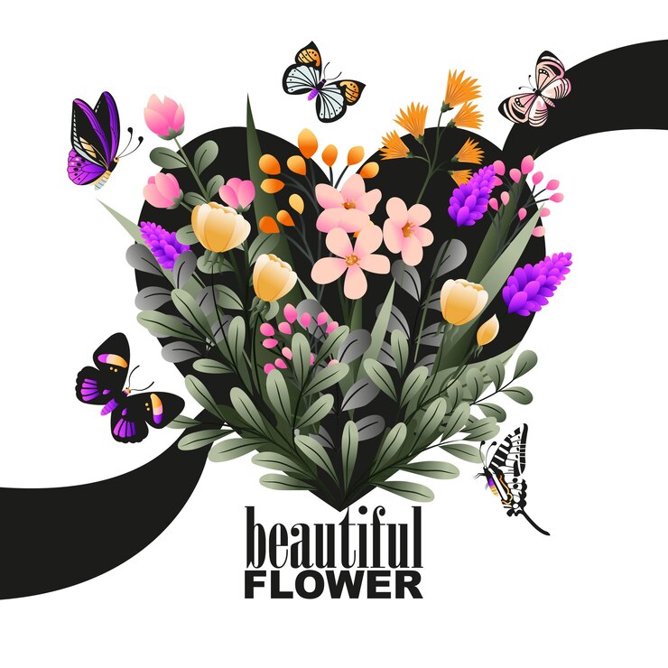 Vetor fundo de amor flores borboletas decorar layout de coração