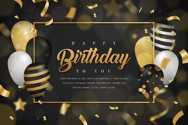 Fundo de aniversário com balões dourados e confetes