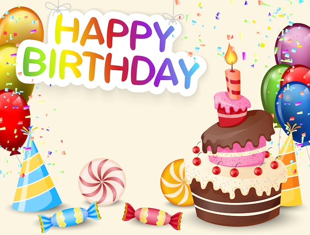 Fundo de aniversário com bolo de aniversário e balão colorido