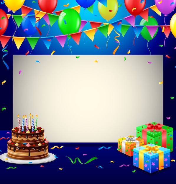 Vetor fundo de aniversário com bolo e balões