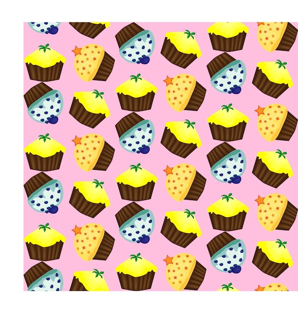 Fundo de aniversário Padrão perfeito com cupcakes e muffins Emoji de personagens de desenhos animados fofos Cupcakes Kawaii