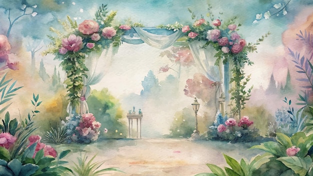 Vetor fundo de aquarela com decorações de arcos florais