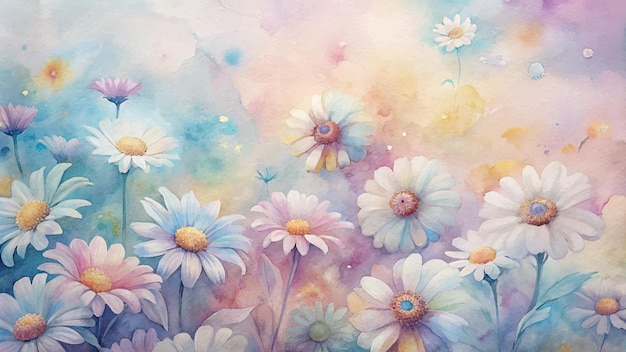 Fundo de aquarela de um aglomerado de margaridas em tons pastel