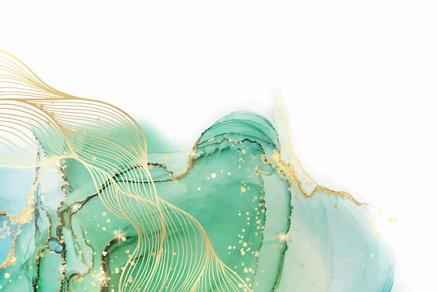 Vetor fundo de aquarela líquido verde mármore com padrão de onda de ouro
