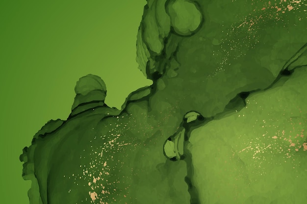 Fundo de aquarela moderno com ondas de tinta verde abstrata e salpicos dourados