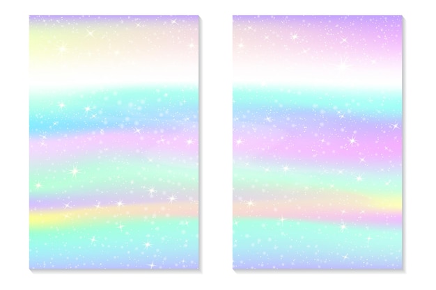 Fundo de arco-íris de unicórnio. Céu holográfico em cor pastel. Padrão de sereia de holograma brilhante em cores de princesa. Ilustração vetorial. Pano de fundo colorido gradiente de fantasia de unicórnio com malha de arco-íris.