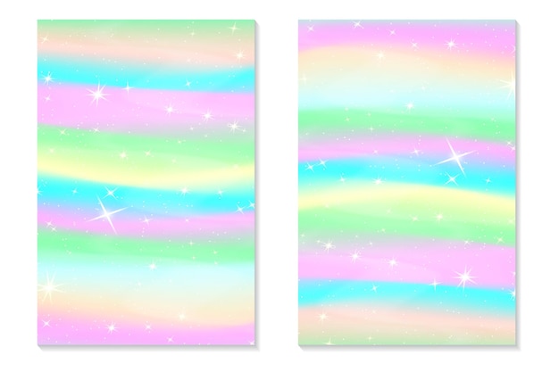 Fundo de arco-íris de unicórnio céu holográfico em cor pastel padrão de sereia de holograma brilhante em cores de princesa ilustração vetorial pano de fundo colorido gradiente de fantasia de unicórnio com malha de arco-íris