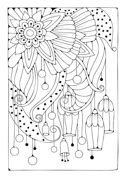 Vetor fundo de arte-terapia para colorir. ilustração a preto e branco. página para colorir de flores.