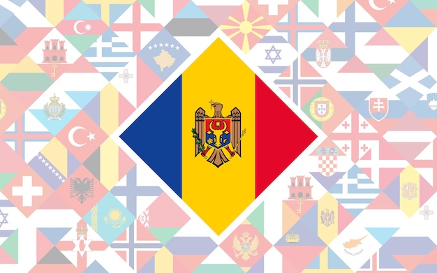 Fundo de bandeira dos países europeus com grande bandeira da moldávia no centro da competição de futebol.