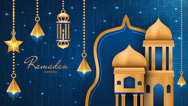 Vetor fundo de banner islâmico moderno ramadan kareem com lanterna de mesquita estrela de lua crescente padrão