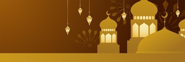 Fundo de banner islâmico ramadan kareem com padrão crescente lua estrela mesquita lanterna ilustração vetorial Ramadã ouro colorido fundo de design de banner largo