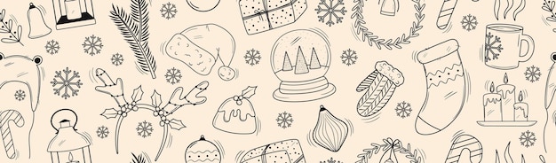 Fundo de banner sem costura de natal com elementos de férias doodle