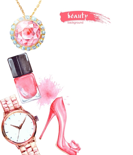 Fundo de beleza e cosméticos em aquarela. maquie objetos de artista: joias, relógios femininos, sapatos, esmaltes. fundo de beleza do vetor.