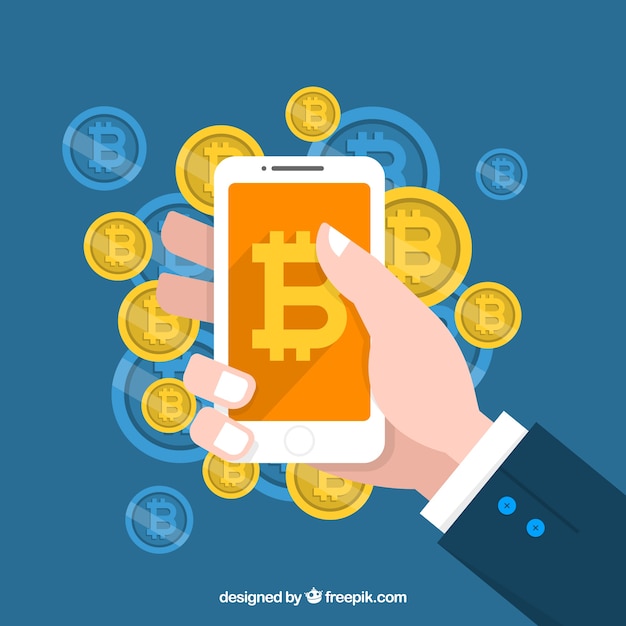 Vetor fundo de bitcoin com mão segurando o smartphone