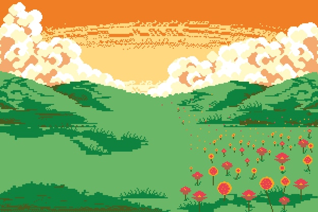 Vetor fundo de campo de flores de paisagens de arte pixel