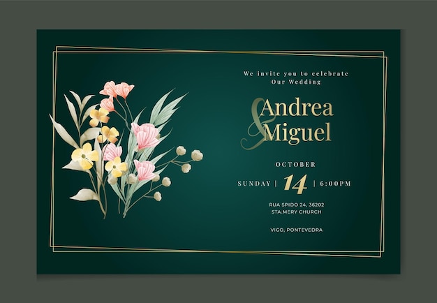 Fundo de cartão de convite de casamento floral aquarela com natureza dourada