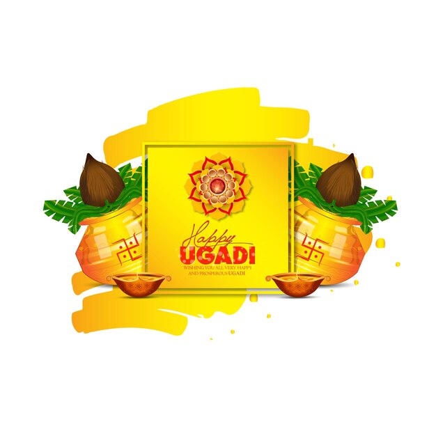 Fundo de cartão feliz Ugadi com Kalash decorado