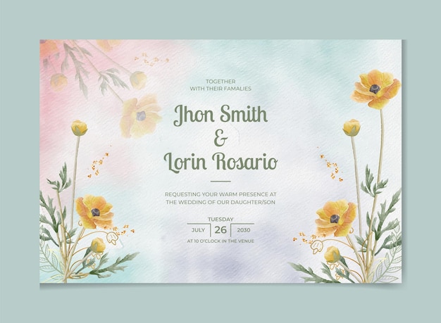 Fundo de casamento de cartão de convite de casamento floral aquarela com natureza dourada