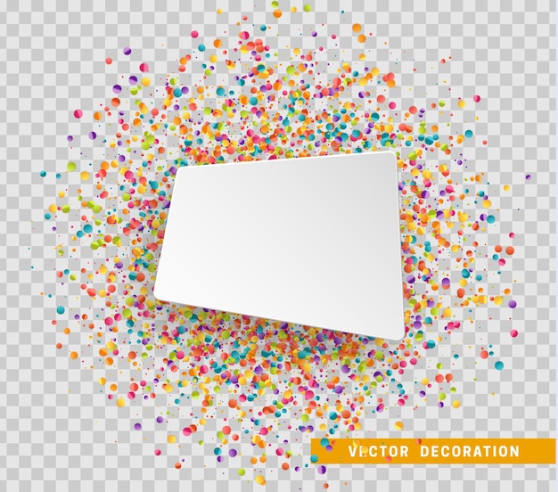 Vetor fundo de celebração colorido com confete. bolha branca de papel para texto.