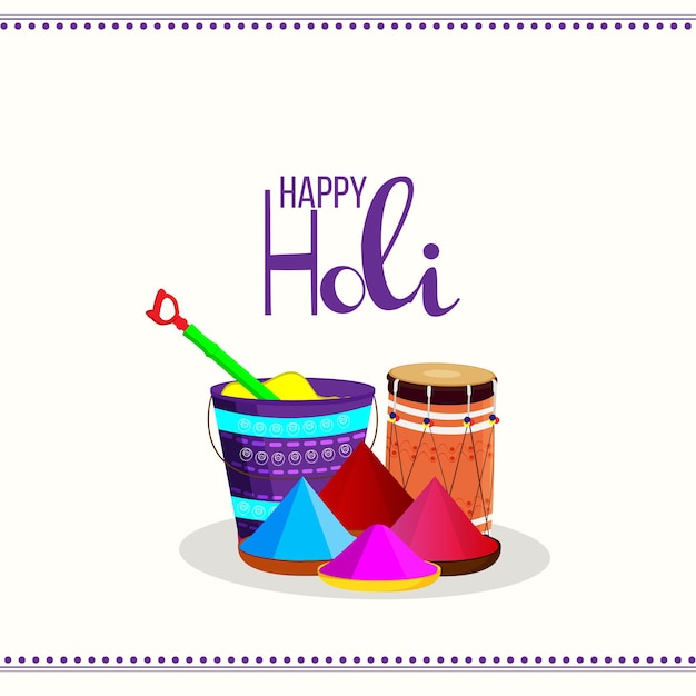 Vetor fundo de celebração de holi feliz com balde realista e tigela colorida