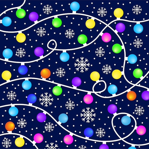 Fundo de celebração decorativa com guirlandas de luzes de natal e flocos de neve