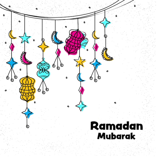 Fundo de celebração do Ramadã Mubarak decorado com ornamento islâmico estilo Doodle