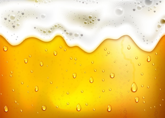 Vetor fundo de cerveja realista com espuma branca exuberante, bolhas e gotas pingando