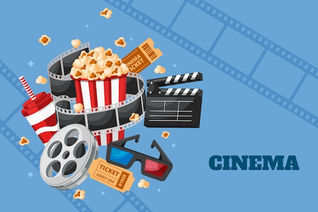 Fundo de cinema plano desenhado à mão com elementos de filme