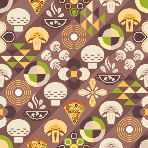 Fundo de cogumelo com elementos de design em estilo geométrico simples padrão sem costura bom para decoração de marca de design de capa de embalagem de comida ilustração decorativa de fundo de impressão vetorial